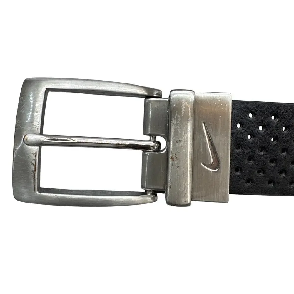 Nike Black Perforated Reversible Ultralight Brushed Nickel Buckle Golf Belt L